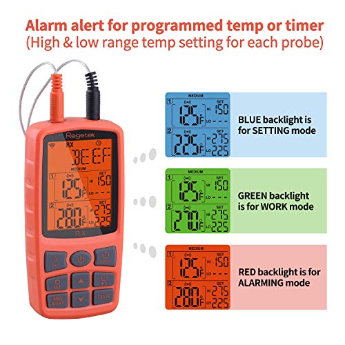 Regetek Wireless Grill Thermometer BBQ Oven Smoker Thermometer, Remote Digital LCD Cooking Food Meat Thermometer for Stove Kitchen Dual Probe/Clock Timer Alarm/Backlight (500 Feet) - Thumbnail 5