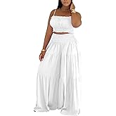 Ophestin 2 Piece Sets for Women Summer Smocked Sleeveless Crop Top Wide Leg Pants Matching Sets Sexy Vocation Outfits