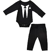 fioukiay Newborn Baby Boy's-Blazer-Tuxedo-Suits-Clothes 2pcs Long Sleeve Cotton Bodysuit and Pants Tie Gentleman Outfits Set