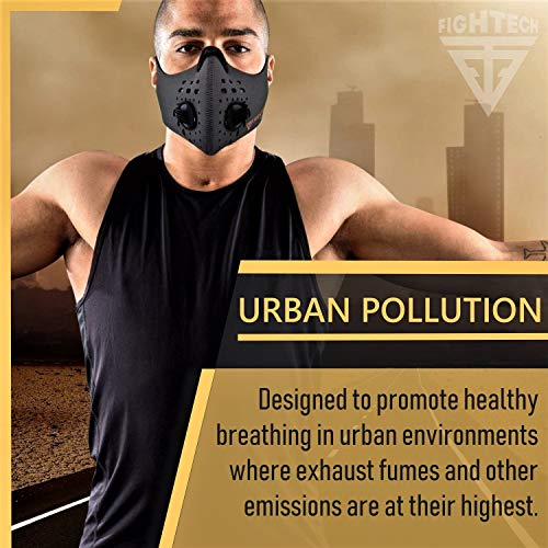 FIGHTECH Dust Mask | Mouth Mask Respirator with 4 Carbon Filters for Pollution Pollen Allergy Woodworking Mowing Running | Washable and Reusable Neoprene Half Face Mask (Large, Charcoal Black)
