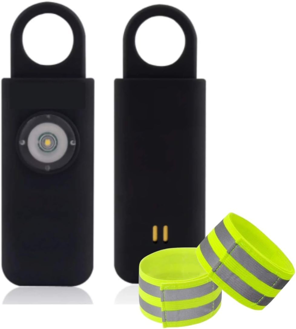 Personal Alarm GENERISE Self Defence Keychain Panic Alarm for Women, Men, Kids with LOUD 125db Siren and 200-Lumen Strobing LED Light PLUS Pair of Hi Vis Reflective Arm/Ankle Bands