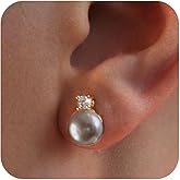 Mosflor Pearl Earrings for Women Trendy - 14K Gold Plated Cubic Zirconia Earrings Studs Cute Pearl CZ Dangle Earrings Elegant Simple Cute Gold Jewelry for Wedding Bridesmaid Gift
