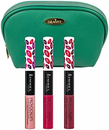 Rimmel ‘Provocalips’ Kissproof Lipstick Kit in Three Shades (0.14 Oz Each), Skinny Dipping, Berry Seductive and Just Teasing with Sea Green Draizee Leather Cosmetic Bag