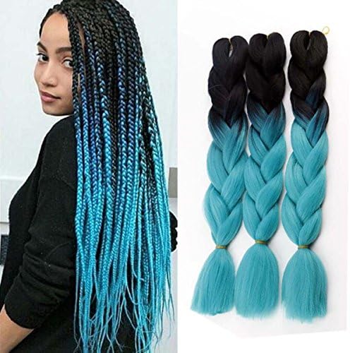 Jumbo Braids Colorful Synthetic Kanekalon Hair Extensions for DIY Crochet Box Braiding Ombre 2Tone Black-Skyblue 3Pcs 100g/Pcs 24Inches