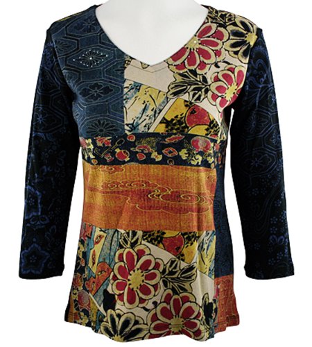 Katina Marie - Eastern Medley, 3/4 Sleeve, Rhinestone Cotton Print, V-Neck Top