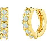 CAITLYNMINIMALIST Dainty Iridescent Opal Gemstone Halo Small Mini Hoop Huggie Earrings for Women, Jewelry Gift for Her, 18K Gold Plated Silver