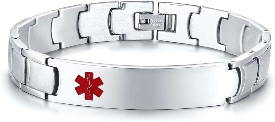 PJ JEWELLERY Free Engraving Stainless Steel Link Chain Medical Alert ID Bracelets Emergancy ID Wristband for Men, 8.2"