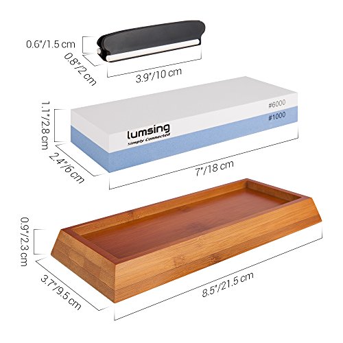 Lumsing Sharpening Stone, Knife Sharpener, Sharpener Knife Stone, Whetstone Sharpener with Non-Slip Bamboo Base & Angle Guide, 1000/6000