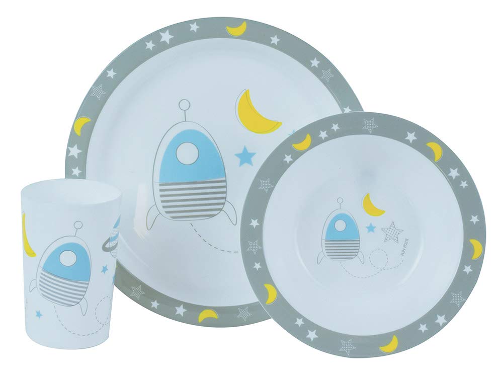 Fun House 005668 Space Fusee Children's Microwavable Meal Set Including 1 Plate, 1 Bowl and 1 Glass