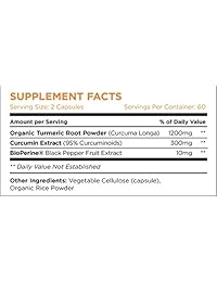 Suplemento de cúrcuma y curcumina orgánica de 0.05 oz con Bioperina, 95% extracto estandarizado de curcuminoide y polvo de raíz con peperina y pimienta negra (0.000352 oz), 120 Cápsulas vegetarianas