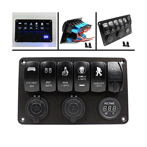 Purishion-Rocker-Switch-Panel-Style-Digital-Voltmeter12V-power-Socket-Dual-31A-USB-Power-Charger-Adapter-Aluminum-Flush-Mount-Blue-6-Gang-Rocker-Black-for-RV-Car-Boat