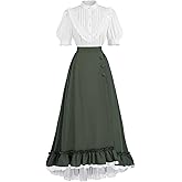 FCCAM Victorian Dress for Women Short Sleeve 1800s Edwardian Dress Costume with Pockets