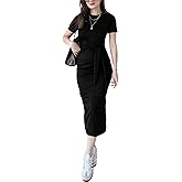 ZERMOM Women Short Sleeve Bodycon Midi Dresses Summer Crewneck Wrap Tie Waist T Shirt Slim Fit Long Dress