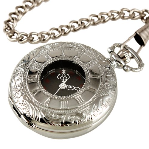 ESS Mens Stainless Steel Case Black Dial Roman Numerals Antique Pocket Watch with Chain WP001