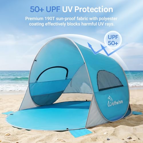 WolfWise Beach Tent Sun Shelter for 3 Person with UPF 50+ UV Protection, Lightweight & Easy Pop Up Beach Shade Canopy, Portable Beach Shade Tent