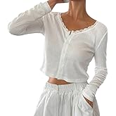 AKLOPVII Women Y2k Lace Trim Pointelle Long Sleeve Crop Tops Casual Preppy V Neck Front Open Button Going Out Shirts