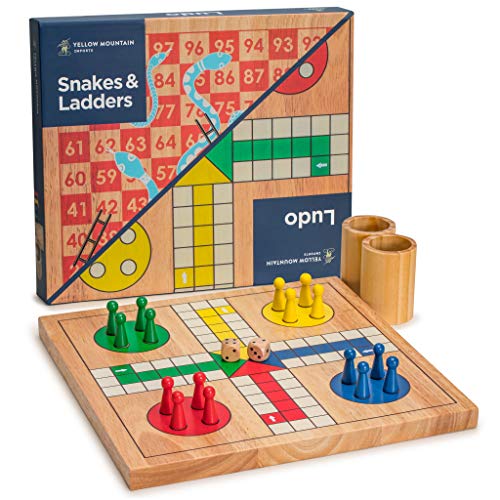Yellow Mountain Imports Wooden Snakes and Ladders | Ludo Game Set, Reversible, 2 Games in 1