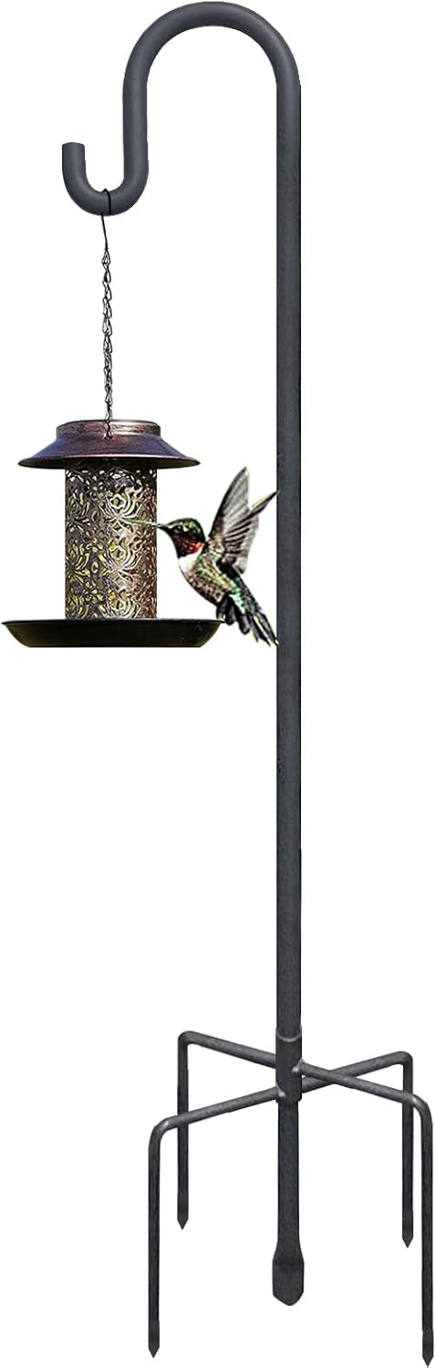 Outdoor Shepherd's Hooks - Highpro Shepherds Hooks for Outdoor 47 Inch Bird Feeder Pole Squirrel Proof Hummingbird Feeder Stand Heavy Duty with 5 Prong Base for Hanging Bird Feeder, Plant Baskets, Solar Light Lanterns