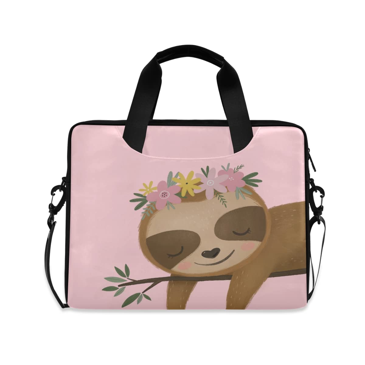 Laptop Bag, Cute Sloth Flower Pink Computer Sleeve Case Laptop Handbags Briefcase with Strap and Handle for Boys Girls Women Men 14 15 15.6 Inch