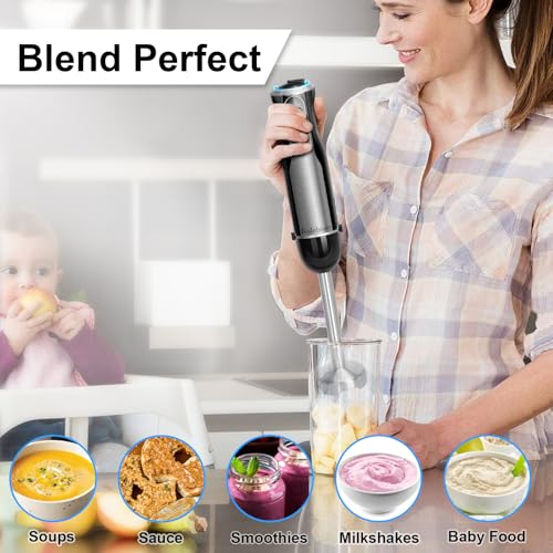 Kolohoso 1500W Hand Blender, 4 in 1 Professional Multifunctional Mixer with 20 Speeds and Turbo, 304 Stainless Steel, Whisk, Chopper 500 ml and Measuring Cup 600 ml, for Smoothie Soups Sauces, BPA Free
