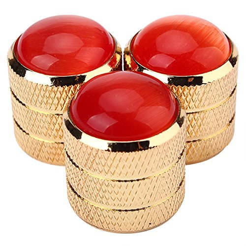 DN Replacement Gold Three Circle Dome Knobs Red Glass Top for Guitar Bass (Pack of 3)