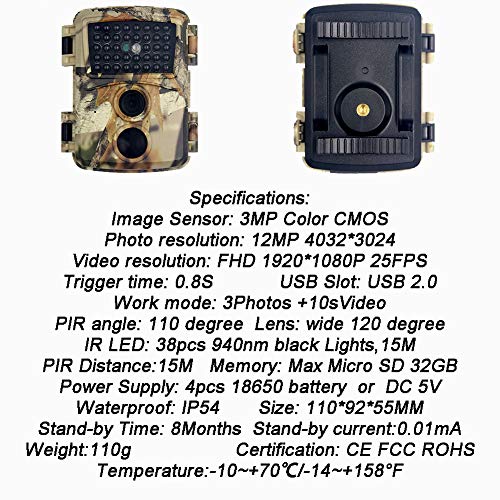 MZBZYU Wildkamera FHD 1080P Bewegungsmelder mit 32 GB SD-Karte und 34 Stück Infrarot-LED Wasserdicht IP54 120… – Bild 8