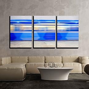 3 Piece Canvas Wall Art - Blue Subway Train in Motion at The Underground Station - Modern Home Art Stretched and Framed Ready to Hang - 16"x24"x3 Panels