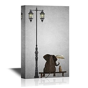 Canvas Wall Art - Elephant Holing an Unbrella Sitting with a Dog by a Lamp Post - Gallery Wrap Modern Home Art | Ready to Hang - 12x18 inches
