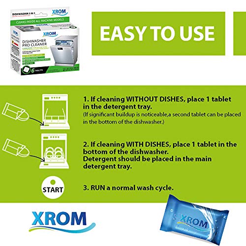 XROM Dishwasher Pro Cleaner and Descaler, Removes Odors & Hard Water Stains, Powerful Descaling, 6 Treatments.