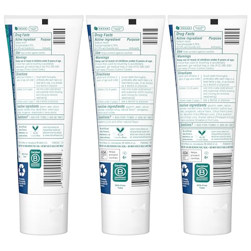 TOM’S OF MAINE ANTICAVITY KIDS NATURAL TOOTHPASTE VARIETY PACK, STRAWBERRY, ORANGE MANGO, WATERMELON FLAVORS, KIDS TOOTHPASTE WITH FLUORIDE, SAFE FOR AGES 2 AND UP, 5.1 OZ (PACK OF 3)