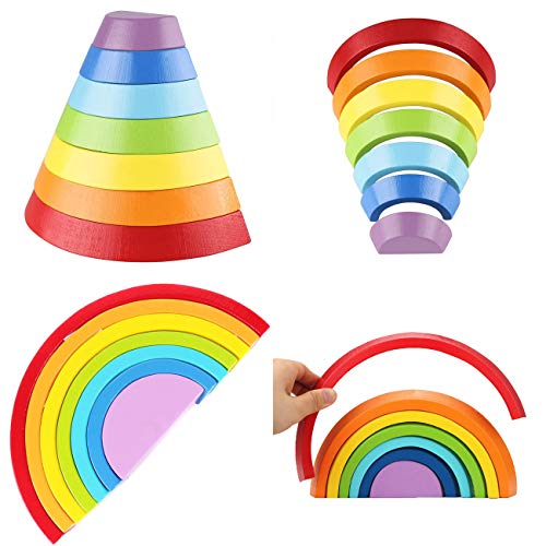 image for BIMOUR Montessori Wooden Rainbow Toy Colored Arch Bridge Blocks Set Sh