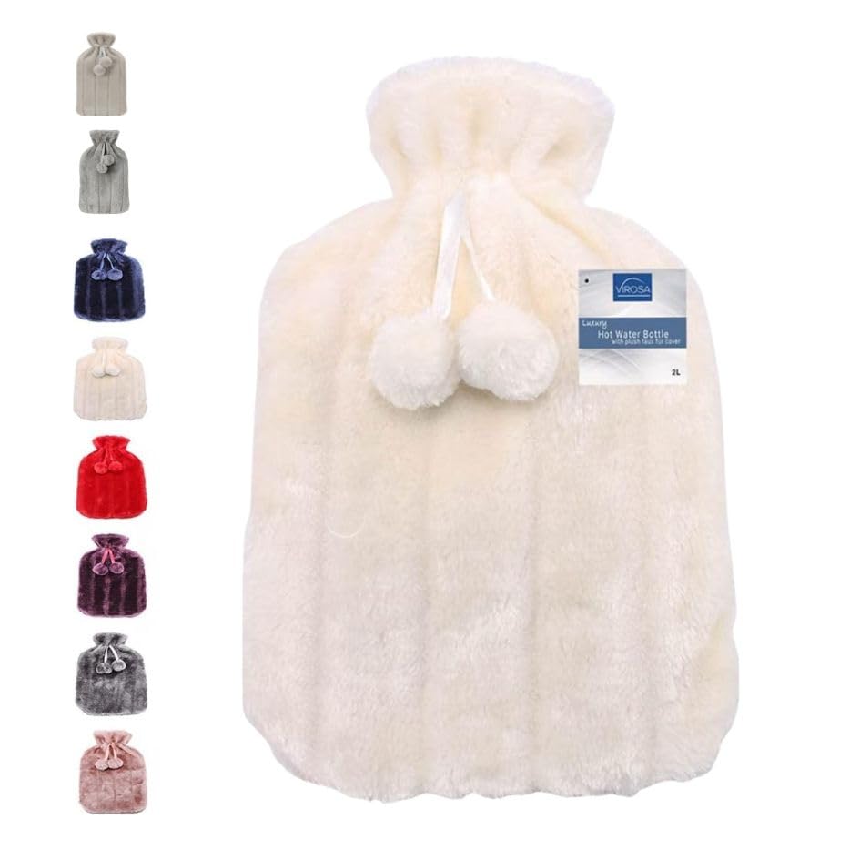 VIROSA Luxury Hot Water Bottle with Soft Faux Fur Cover & Pom Poms – 2 Litre Large Leakproof Rubber Bottle for Neck, Shoulder, Back Pain Relief & Hand and Feet Warmer (Cream)