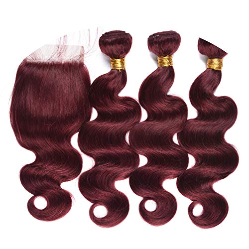 Hair Weave Body Wave Bundles Closure 99J Red Burgundy Non-remy Human Hair,18 18 18+14Closure