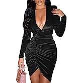 YMDUCH Women's Sexy Long Sleeve V Neck Ruched Bodycon Wrap Cocktail Club Mini Dress