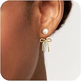 Reuscol Gold Earrings for Women Gold Bow Earrings Dainty 14K Gold Plated Hoop Stud Dangle Earrings Trendy Minimalist Cute Christmas Bow Jewelry Gifts for Women Hypoallergenic