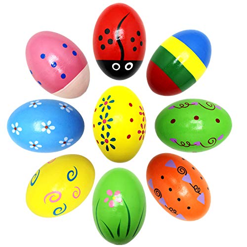 Hiwu 9Pcs Wooden Baby Easter Eggs Shakers Musical Instruments