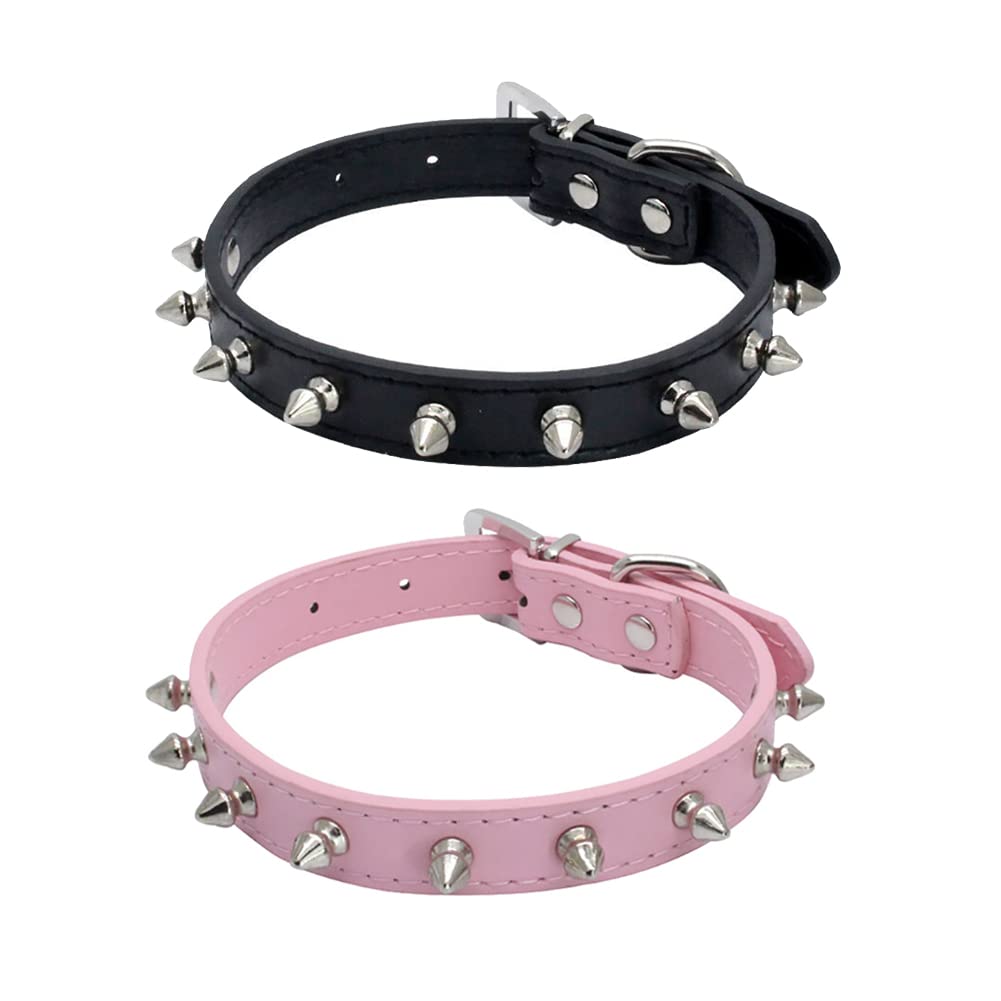 JIHUOO 2 Pcs Adjustable PU Leather Pet Collar Spiked Studded Dog Cat Collars Punk Kitten Puppy Collars for Small Breeds Puppies