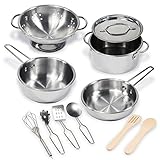 11 Pcs Pretend Play Kitchen Cookware Set By Kidzaro - Stainless Steel Pots & Pans Bundle For Kids - Includes Drainer, Utensils & Accessories