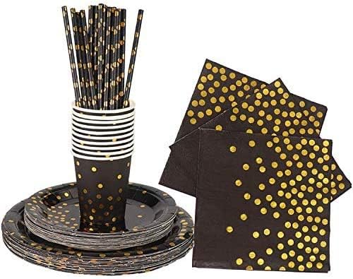 142 Pieces Black and Gold Party Supplies Set, Golden Dot Partys Dinnerware, Include Black Paper Plates Napkins Cups - Image 3