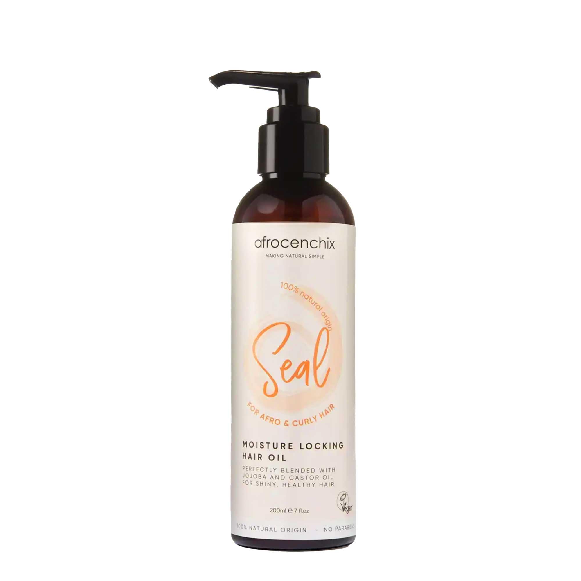 Afrocenchix Seal Hydrating & Moisturising Hair Oil for Dry Damaged Hair with jojoba, coconut & castor oil extracts to Control Frizz, Strengthen, Repair, & Add Shine, Vegan & Sulphate Free, 200 ml