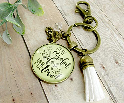 Drive Careful Be Safe Know You Are Loved Keychain New Driver Gift For Girl Keychain Sweet 16 White Tassel Car Charm