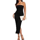 Women Ribbed Maxi Bodycon Tube Dress Summer Sexy Strapless Side Slit Long Formal Cocktail Party Wedding Guest Dress