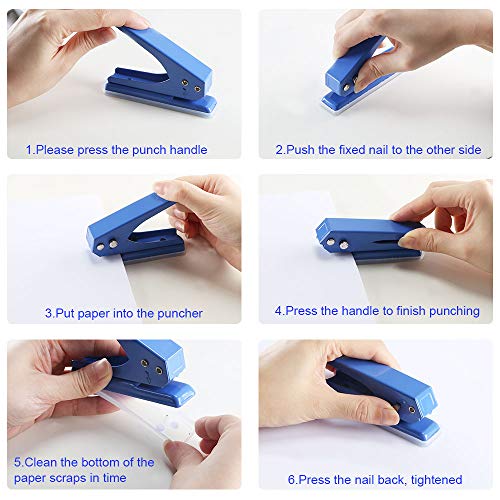 Anpatio Single Hole Punch Metal Low Force Handheld Puncher Paper Punch 12 Sheet Capacity with Scrap Base for Office Desktop Card Craft Binders 1/4" Black/Blue Pack of 2
