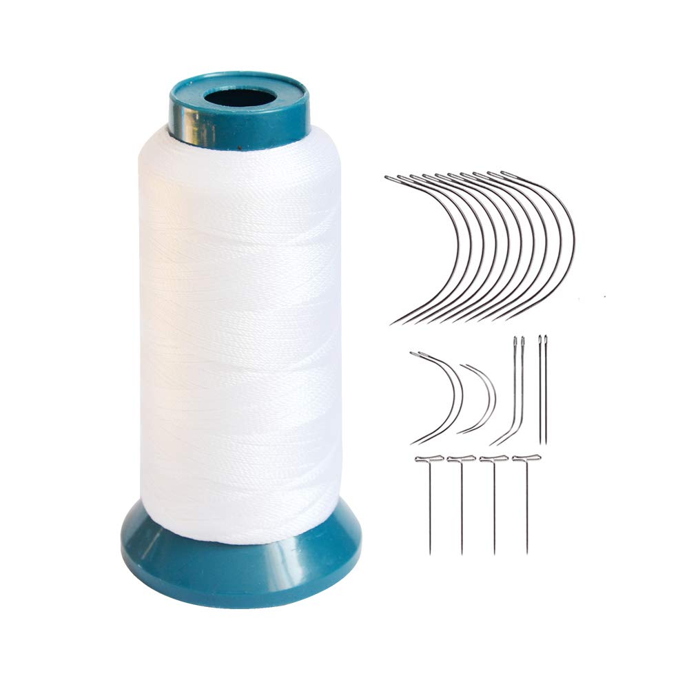 Bonded Sewing Thread Polyester Weaving Thread 1200 Yards 250D with 12pcs 9cm C Type Needles Curved Hair Needles（White）