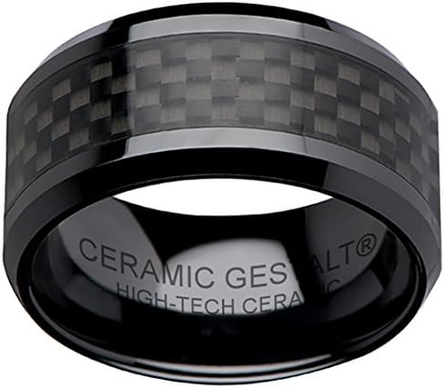 Black Ceramic Ring With Black Carbon Fiber by CERAMIC GESTALT - 10mm. Comfort Fit.