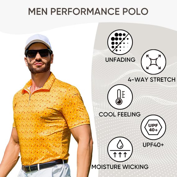 JMIERR PREMIUM GOLF SHIRTS FOR MEN MOISTURE WICKING QUICK DRY PRINT PERFORMANCE ZIPPER COLLARED POLO SHIRT, S, YELLOW