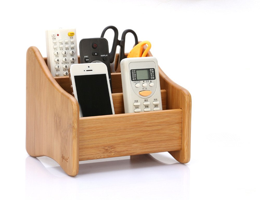 RoseFlower® Luxury Creative Designed Desktop Organizer Remote Control Holder Stand with 3 Pockets - Store Your Makeup, Smartphone, DVD, Blu-Ray or TV Remotes - Bamboo Storage box (7.48x6.3x6.3 IN)