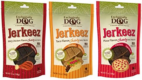 Exclusively Dog Jerkeez Natural Wheat Free Chewy Chicken Dog Treats 3 Flavor Variety Bundle: (1) BBQ Chicken Flavor Treats, (1) Taco Flavor Treats, and (1) Pizza Flavor Treats, 7 Oz. Ea. (3 Bags Tot)