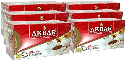 Akbar, Premium Quality Ceylon Tea, 100% Single Origin, 50 Count String &amp; Tag, High Grown Black Tea (Pack of 6)