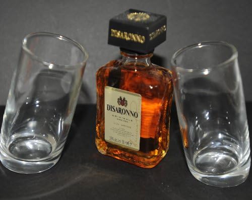 Pair of Ludico Tilted Shot Glasses(60ml) with Amaretto Disaronno Liqueur 5cl Miniature